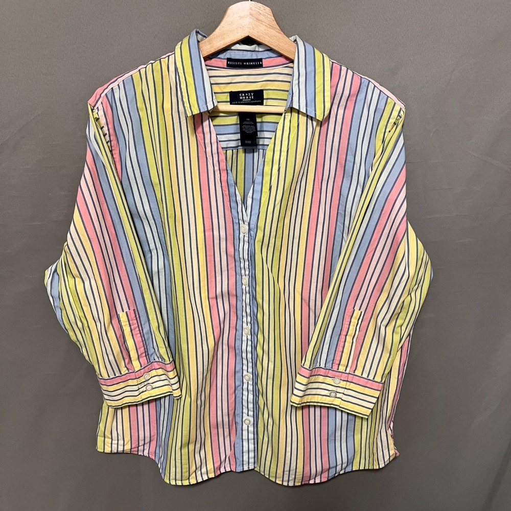 Crazy Horse Cotton Striped Button Down 3/4 Sleeve Pastel Top Size 18 - Picture 3 of 6